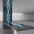 Futuristic Interior With Black Long Table And Pillar Featuring Blue Glowing Lines 3d model