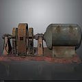 Rusty Mechanical Device Featuring Red Wheels Green Drum and Metal Base 3d model