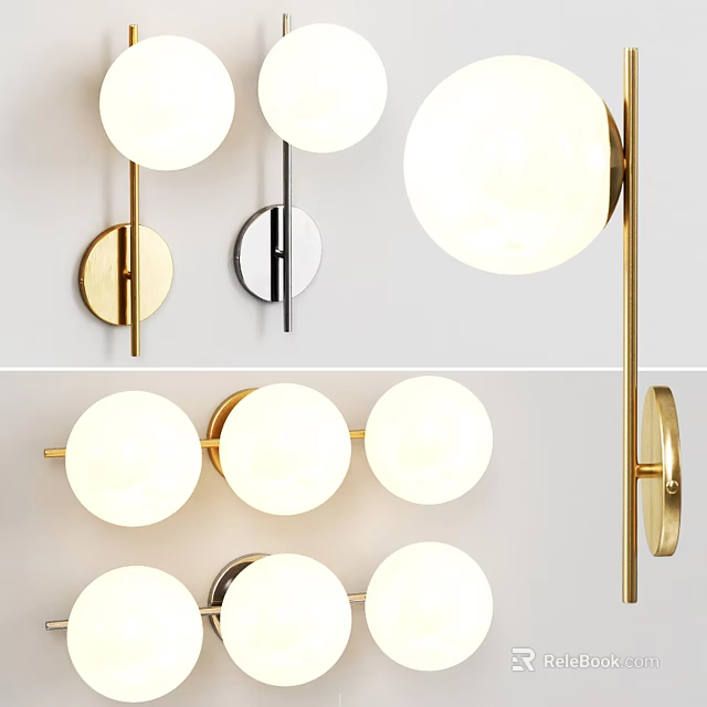 Modern Three Light Wall Sconces With Gold Black Metal Frame And Round Glass Shades 3d model 