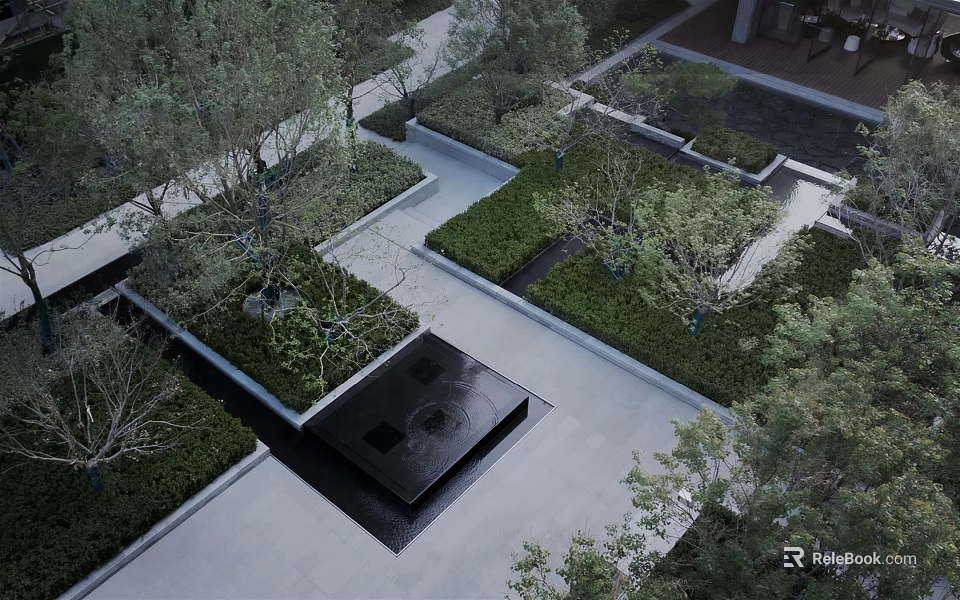 Modern Garden Landscape With Geometric Layout Lush Plants And Reflective Water Feature 3d model 