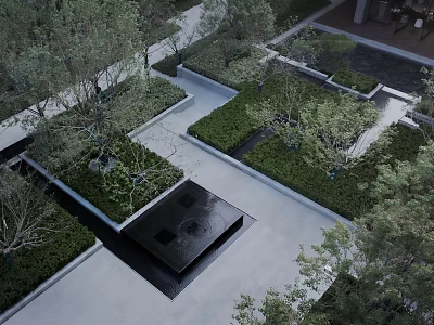 Modern Garden Landscape With Geometric Layout Lush Plants And Reflective Water Feature 3d model