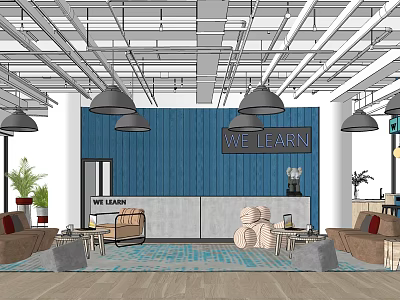 Modern Cafe Interior With Blue Accent Wall WE LEARN Sign Hanging Pendant Lights And Seating 3d model