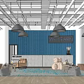 Modern Cafe Interior With Blue Accent Wall WE LEARN Sign Hanging Pendant Lights And Seating