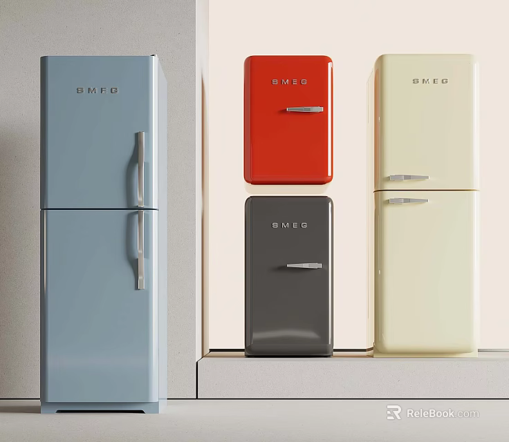 Colorful BINGO Retro Refrigerators In Blue Red Black And Beige Shades 3d model 