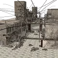 Shabby Urban Street with Rundown Buildings Overhead Wires and Weathered Pavement