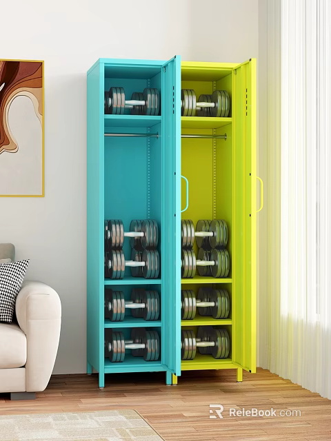 Colorful Modern Wardrobe Design With Blue Yellow Sections And Storage Shelves 3d model 