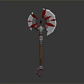 Fantasy Battle Axe With Red Blades Silver Accents And Wooden Handle