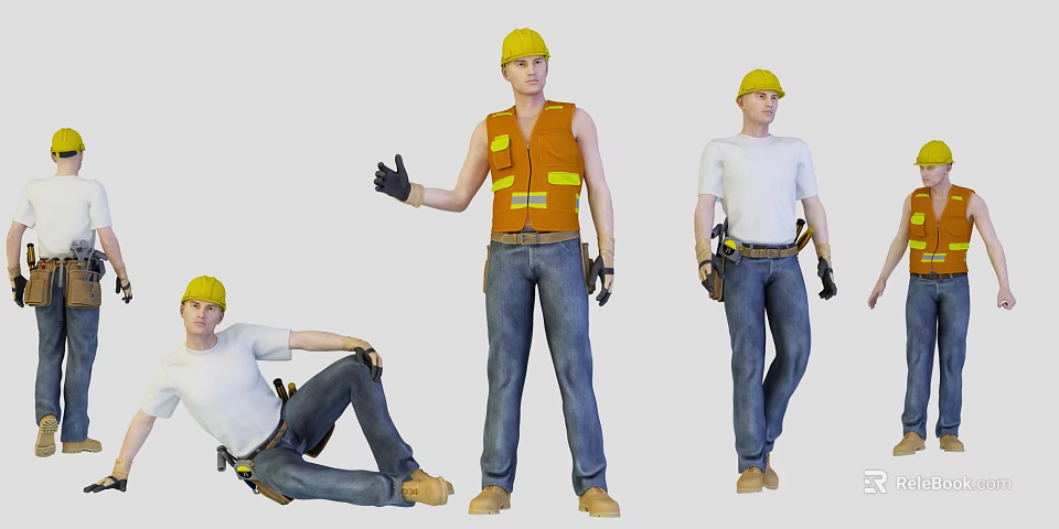 Men as Construction Workers in Yellow Hard Hats Orange Vests White T-shirts and Tool Belts 3d model 
