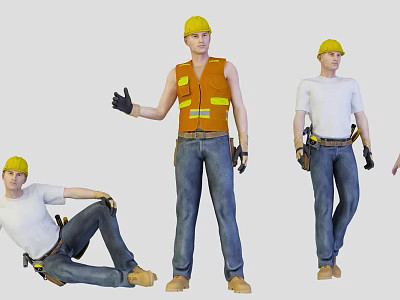 Men as Construction Workers in Yellow Hard Hats Orange Vests White T-shirts and Tool Belts 3d model