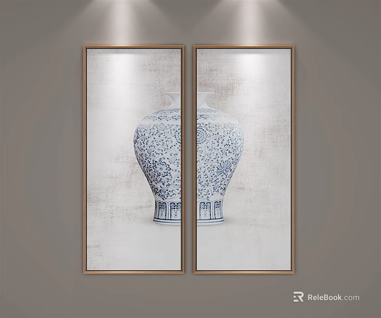 Side By Side Blue White Vase Wall Art With Wooden Frames On Gray Wall 3d model 