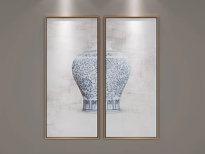 Side By Side Blue White Vase Wall Art With Wooden Frames On Gray Wall 3d model
