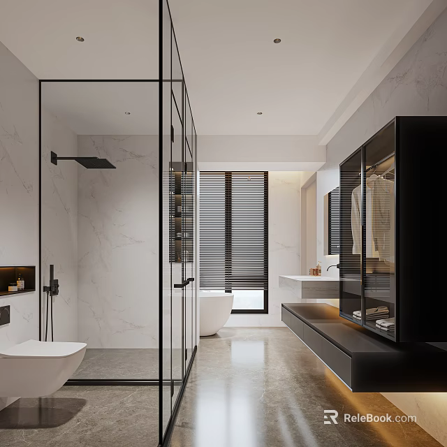 Modern Bathroom Interior With Glass Shower Marble Walls Freestanding Tub And Storage Cabinet 3d model 