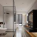 Modern Bathroom Interior With Glass Shower Marble Walls Freestanding Tub And Storage Cabinet