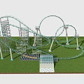 Amusement Park Roller Coaster with Green Tracks and Steel Structure under Blue Sky Green Grass