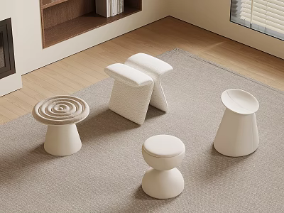 Modern White Stools With Various Designs In Cozy Interior Setting On Carpet 3d model