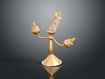 Ornate Anthropomorphic Candelabra With Three Lit Candles And Gold Base 3d model