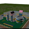 Colorful School Building Featuring Pink Roof Tower Round Structure Green Playground And Trees