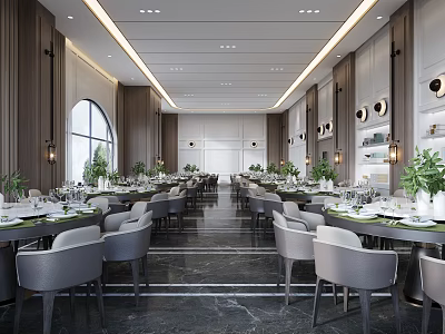 Modern Banquet Hall Interior with Neatly Arranged Tables Grey Chairs Green Plants and Marble Floor 3d model