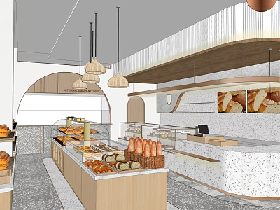 Dessert Shop Interior Featuring Wooden Display Counters Fresh Bread And Pendant Lights 3d model