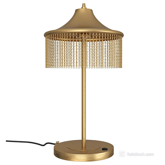 Elegant Gold Table Lamp With Fringed Shade And Metal Base Design 3d model 