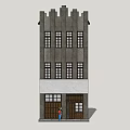 Retro Style Commercial Complex With Multi Storey Facade Windows And Entrance