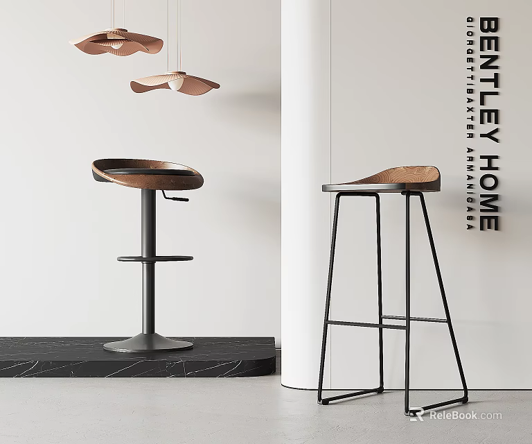 Stylish Modern Bar Stools With Metal Frame And Wooden Seat In Interior Space 3d model 