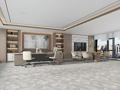 Modern Office Interior Featuring Executive Desk Meeting Table And City View Floor To Ceiling Windows 3d model