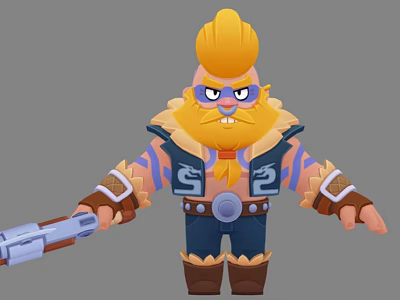 Cartoon Style Game Movie Character With Yellow Hair Big Beard Goggles Vest And Gun Weapon 3d model