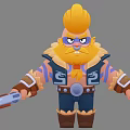 Cartoon Style Game Movie Character With Yellow Hair Big Beard Goggles Vest And Gun Weapon