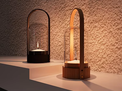 Ornamental Decorative Set With Glass Shades Wooden Black Bases And Candle Light On Display Shelf 3d model