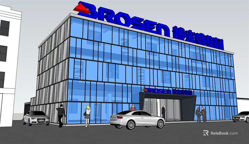 Modern Office Building Featuring Glass Curtain Wall Brosen Logo Entrance With Cars And People 3d model 