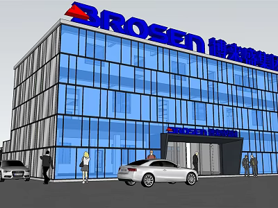 Modern Office Building Featuring Glass Curtain Wall Brosen Logo Entrance With Cars And People 3d model