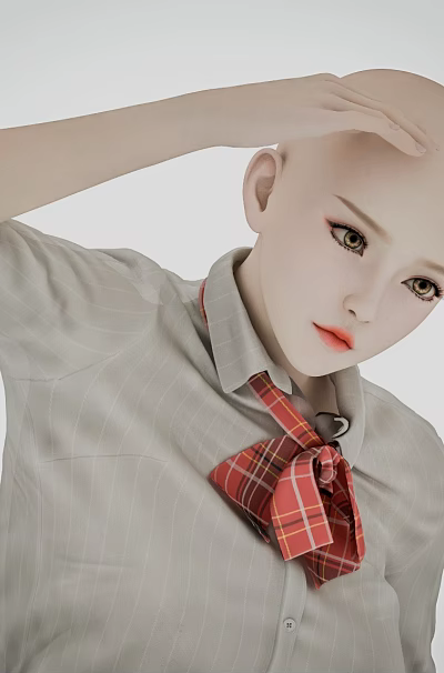 Bald Person In Gray Striped Shirt With Red Plaid Bow Tie Touching Head Gently 3d model