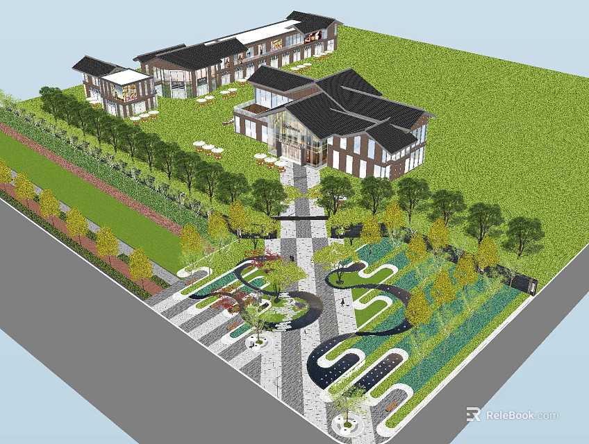 Traditional Chinese Garden Landscape Design With Lawns Trees And Stone Pathways 3d model 