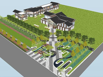 Traditional Chinese Garden Landscape Design With Lawns Trees And Stone Pathways 3d model