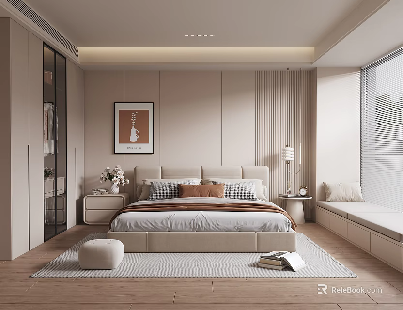 Modern Beige Bedroom Interior With Wall Art Nightstands Lamps Rug And Window Bench 3d model 
