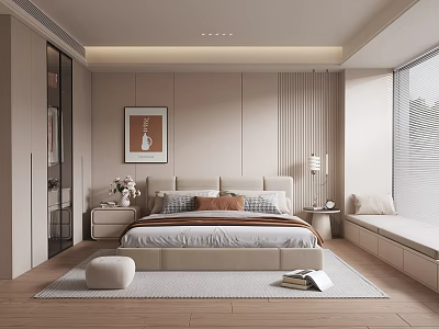 Modern Beige Bedroom Interior With Wall Art Nightstands Lamps Rug And Window Bench 3d model