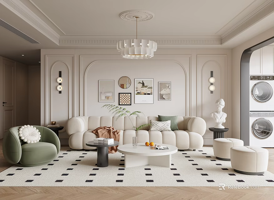 Modern Neutral Living Room Interior With Curved Sofa Geometric Rug And Crystal Chandelier 3d model 