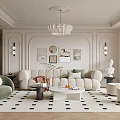 Modern Neutral Living Room Interior With Curved Sofa Geometric Rug And Crystal Chandelier