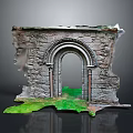 Ancient Ruined Stone Archway Building Structure With Green Moss And Grass