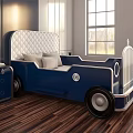 Blue Kids Bed With White Tufted Headboard And Metal Railings In Bedroom
