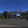Traditional Commercial Street Featuring Classic Architecture Pedestrians Outdoor Café Seating Parked Cars Under Blue Sky