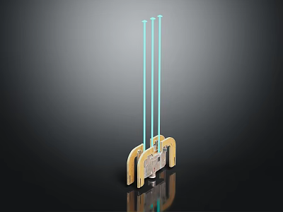 Hardware Tool Featuring Three Blue Slender Rods Golden Curved Base Reflective Finish Dark Background 3d model