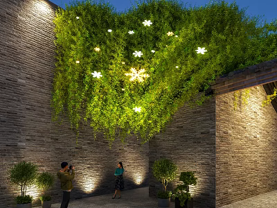 Illuminated Living Plant Wall Against Brick Wall With Small Potted Plants And Visitors 3d model