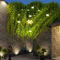 Illuminated Living Plant Wall Against Brick Wall With Small Potted Plants And Visitors