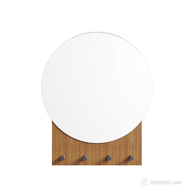 Round Mirror With Wooden Hook Board Featuring Four Hooks For Home Entryway 3d model 