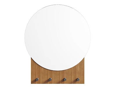 Round Mirror With Wooden Hook Board Featuring Four Hooks For Home Entryway 3d model