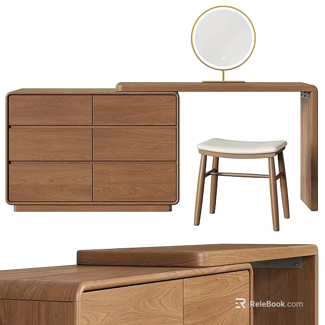 Modern Minimalist Wooden Dressing Table With Round Mirror Stool And Drawers 3d model 