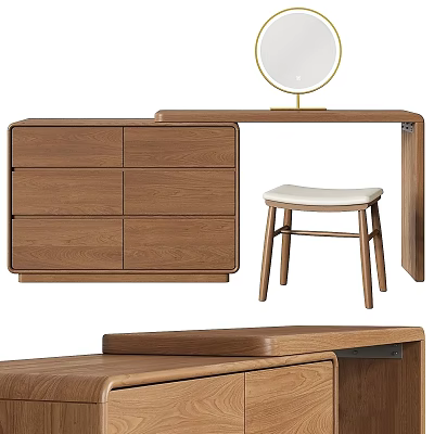 Modern Minimalist Wooden Dressing Table With Round Mirror Stool And Drawers 3d model