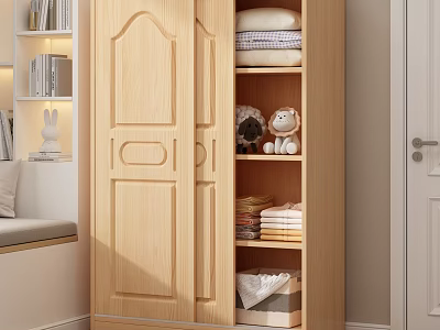 Wooden Wardrobe With Paneled Double Doors And Shelves For Folded Clothes And Stuffed Toys 3d model
